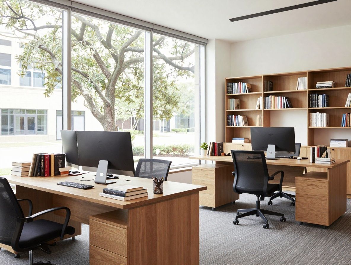 Светлый минималистичный офис студии дизайна в Остине с рабочими столами, книжными полками с типографическими изданиями и большими окнами