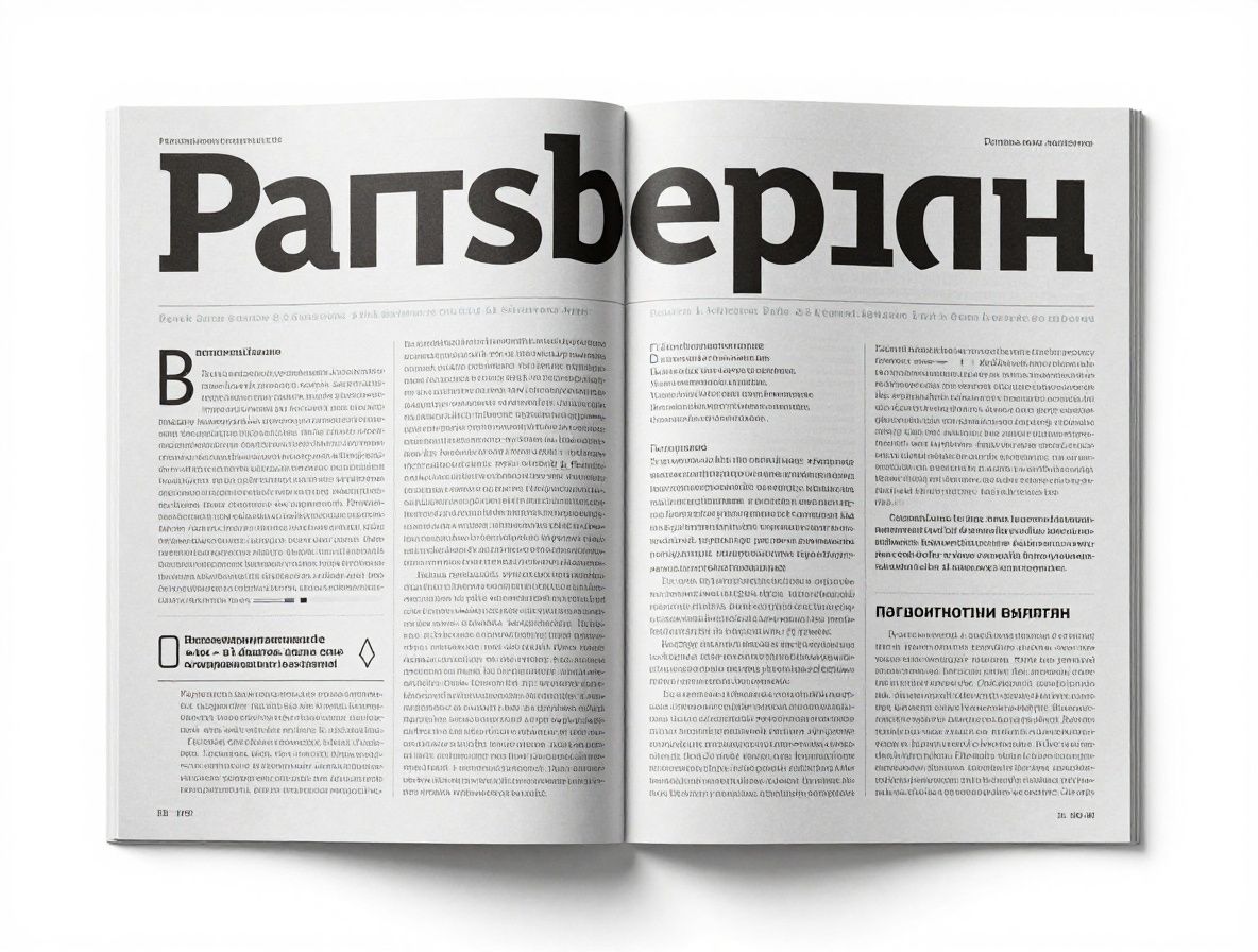 Разворот журнала с выразительной типографикой, разбивкой на колонки и контрастным заголовком крупного кегля на белом фоне