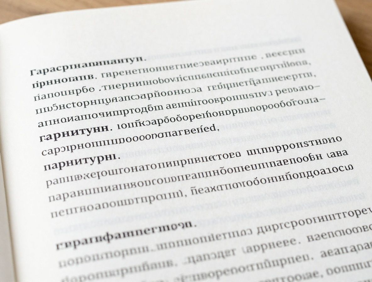 Крупный план страницы с набором текста, демонстрирующей различные шрифтовые гарнитуры и межстрочные интервалы на белом фоне