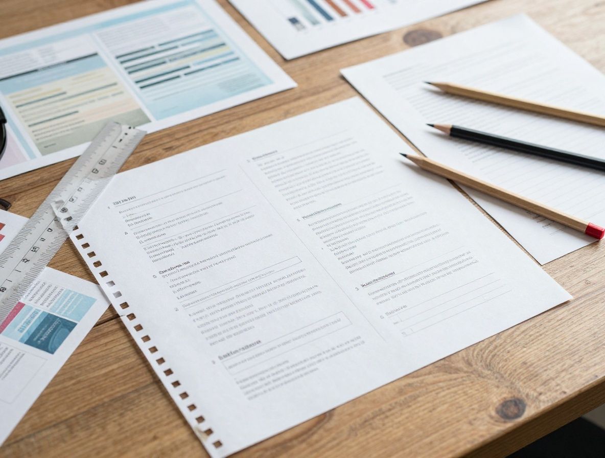 Рабочий стол дизайнера с распечатанными пробными оттисками текстовых вёрсток, карандашами и линейкой на деревянной поверхности