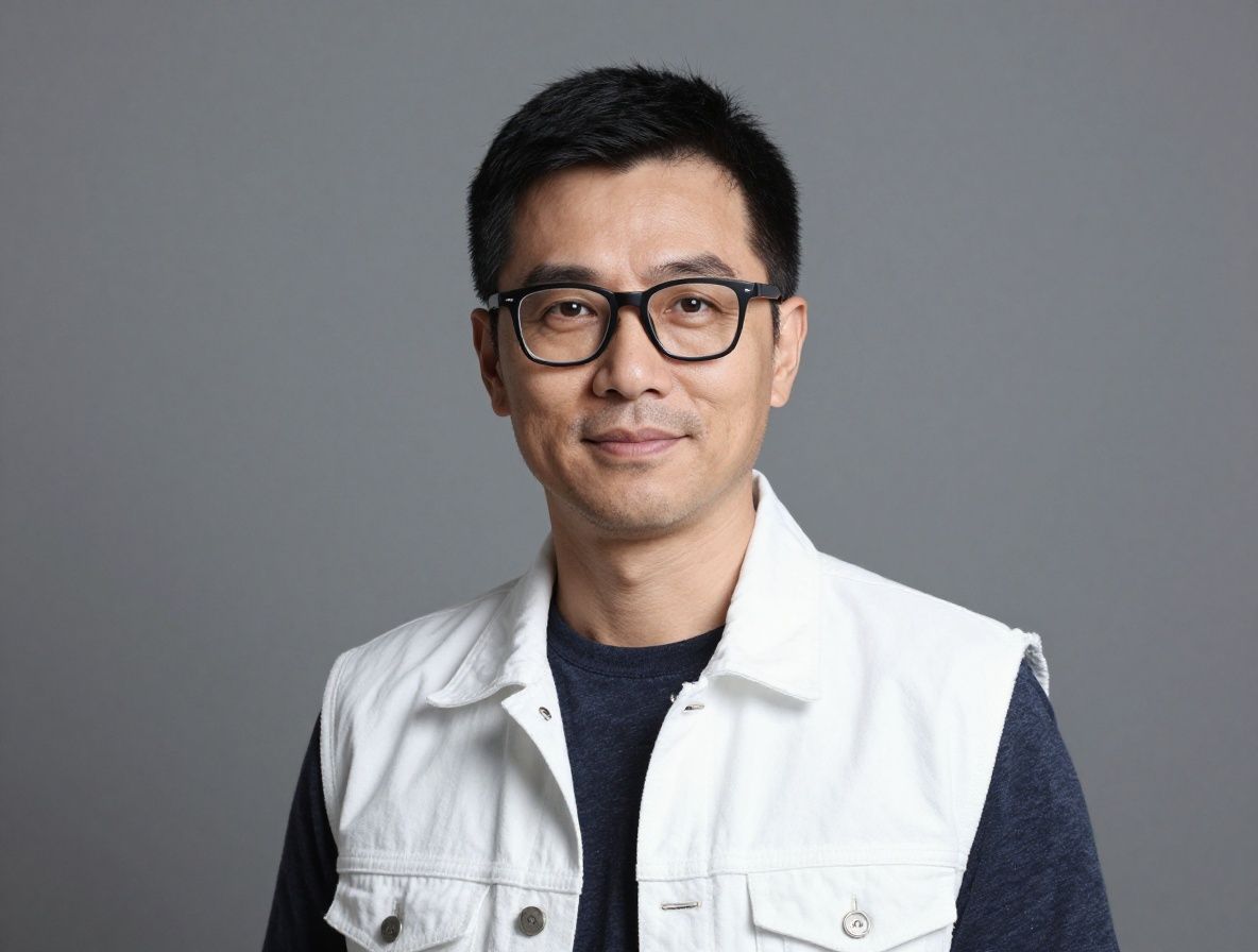 Профессиональный портрет мужчины в очках и белой рубашке на нейтральном фоне, вид три четверти