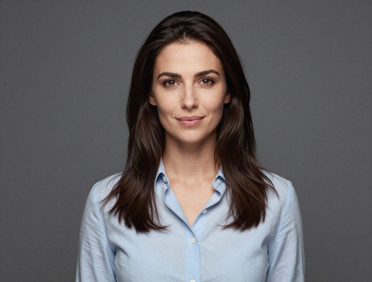 Профессиональный портрет молодой женщины-дизайнера с тёмными волосами в светлом студийном пространстве