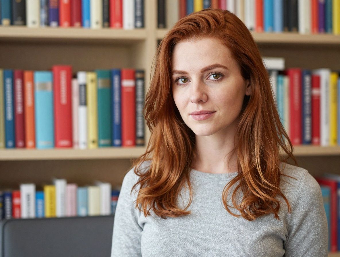 Профессиональный портрет молодой женщины с рыжими волосами в яркой студии с книжными полками на заднем плане